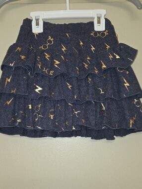 Girls' Navy Layered Ruffle Skirt with Gold Lightning & Glasses Print
